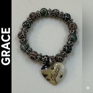 Earthy Boho Animal Mix Media Print Stretch Bracelet Large "Grace" Heart Charm